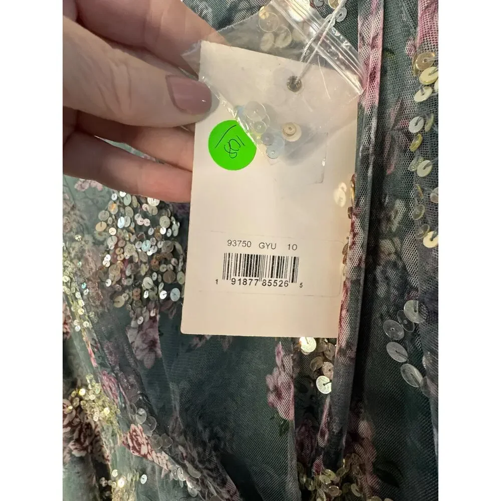 Mac Duggal NWT Floral Printed Sequin Formal Gown in Grey Multi Size 10 - Picture 7 of 8